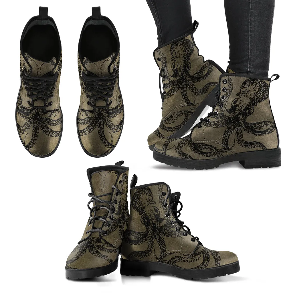 Brown Octopus Vegan Steampunk Boots