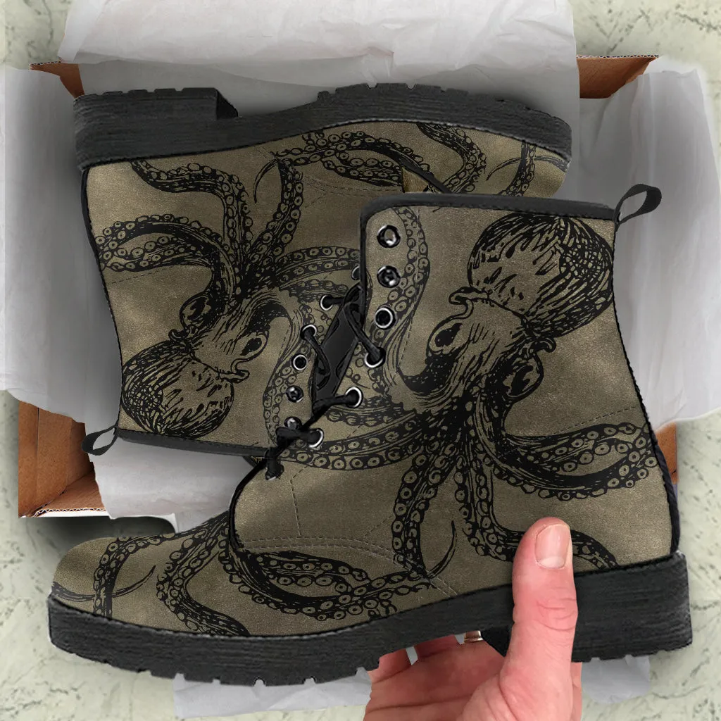 Brown Octopus Vegan Steampunk Boots