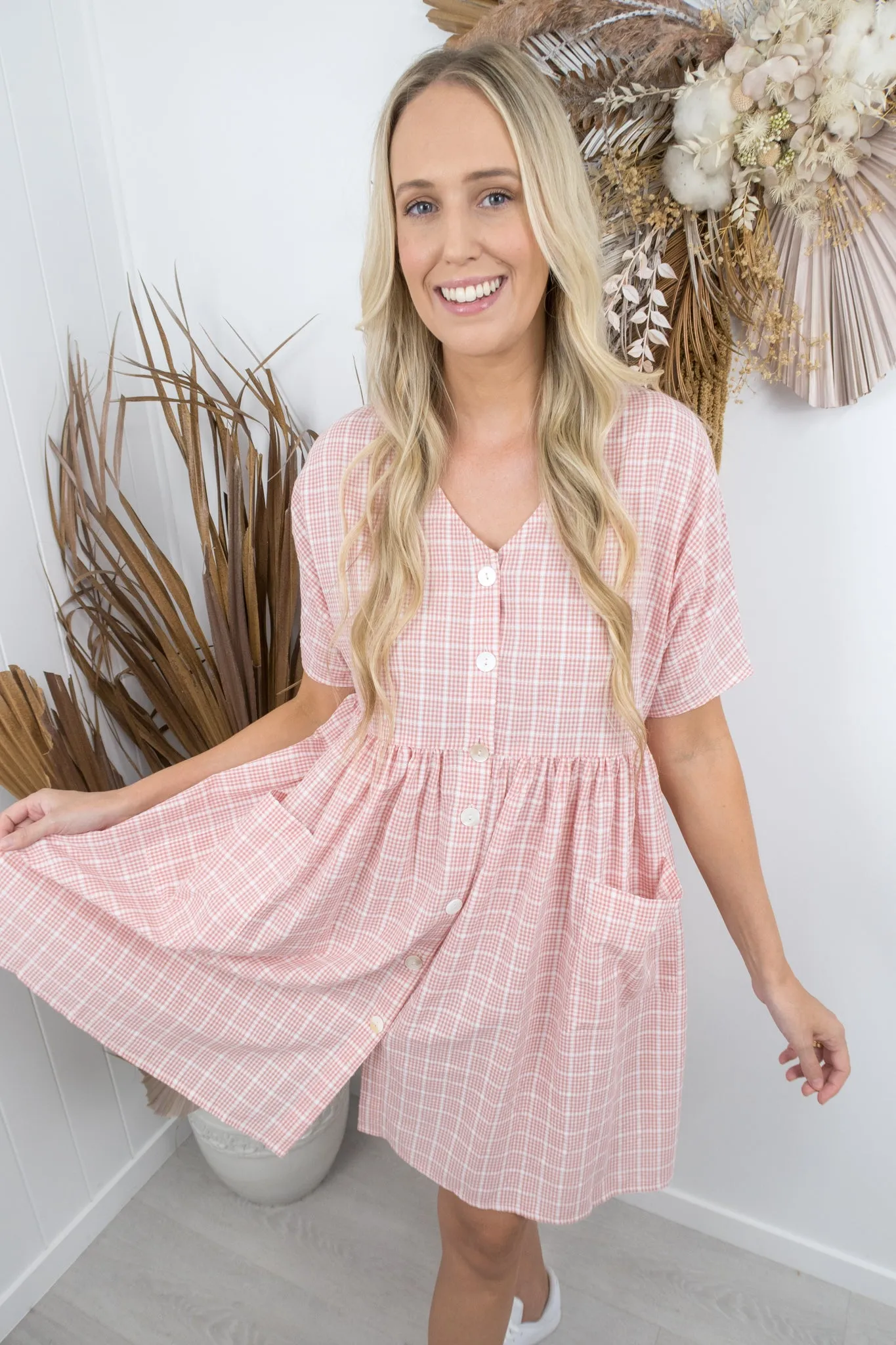 Cassidy Dress -Blush/white check
