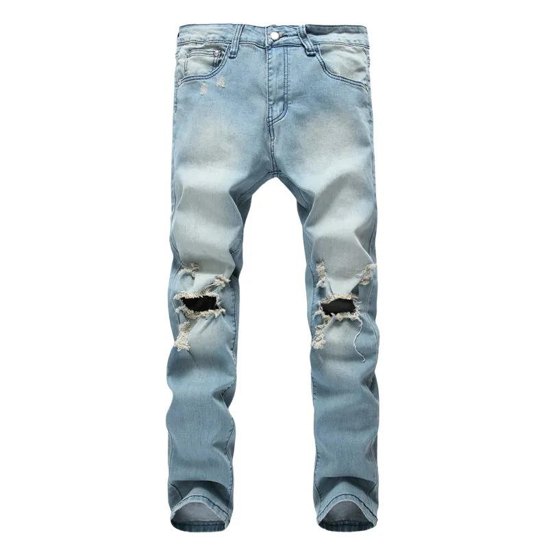 Casual Mid Waisted Jeans Men's Ripped Jeans Elasticity Urban Pants