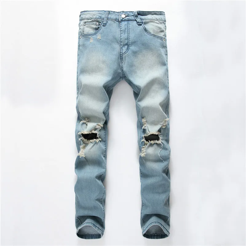 Casual Mid Waisted Jeans Men's Ripped Jeans Elasticity Urban Pants