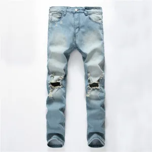 Casual Mid Waisted Jeans Men's Ripped Jeans Elasticity Urban Pants