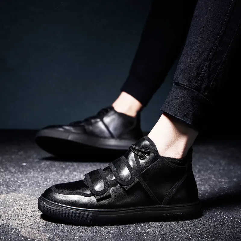 Casual Shoes For Men Hook&Loop Utility Men Leather Skateboarding Shoes Low Comfortable Sneakers Men Black