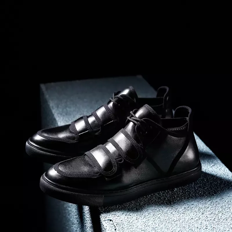 Casual Shoes For Men Hook&Loop Utility Men Leather Skateboarding Shoes Low Comfortable Sneakers Men Black