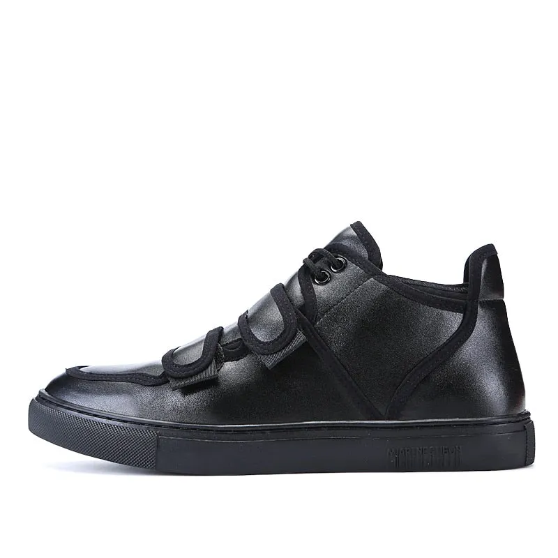 Casual Shoes For Men Hook&Loop Utility Men Leather Skateboarding Shoes Low Comfortable Sneakers Men Black
