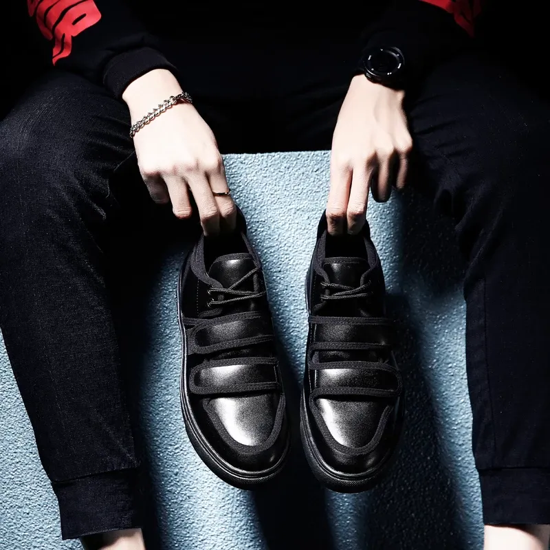 Casual Shoes For Men Hook&Loop Utility Men Leather Skateboarding Shoes Low Comfortable Sneakers Men Black