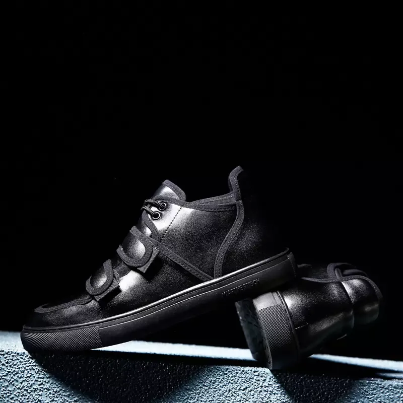 Casual Shoes For Men Hook&Loop Utility Men Leather Skateboarding Shoes Low Comfortable Sneakers Men Black