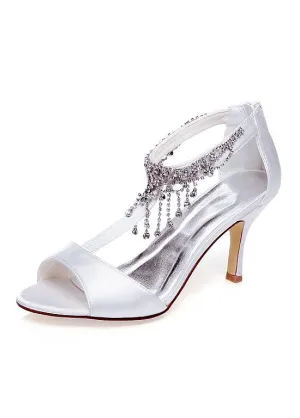 Charming Satin Upper Open Toe Stiletto Heels Wedding Shoes With Beads