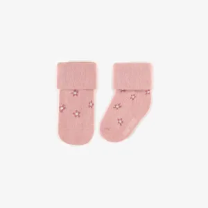 Chaussettes roses extensible avec petites fleurs, naissance || Pink stretch socks with little flowers, newborn