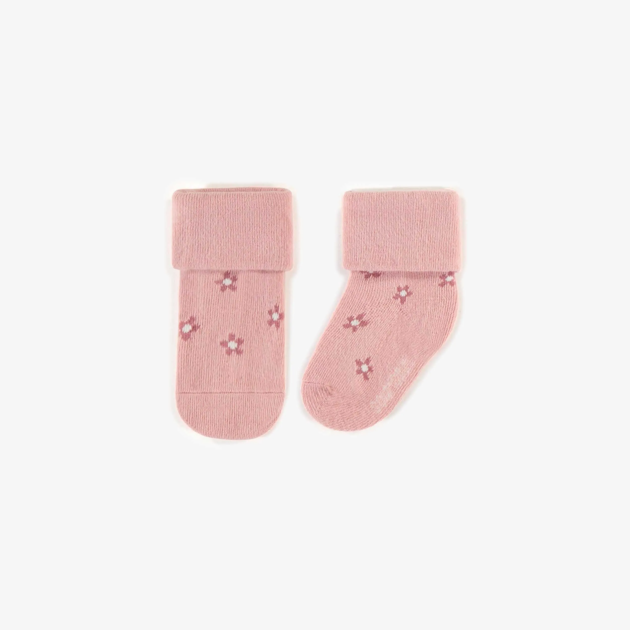 Chaussettes roses extensible avec petites fleurs, naissance || Pink stretch socks with little flowers, newborn