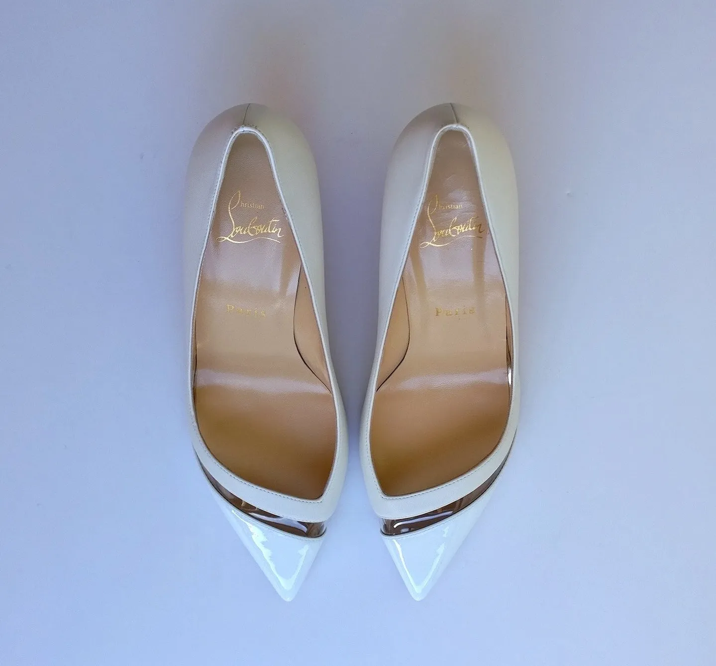 Christian Louboutin 17th Floor 55mm Heels in Latte White Leather and Patent PVC shoes