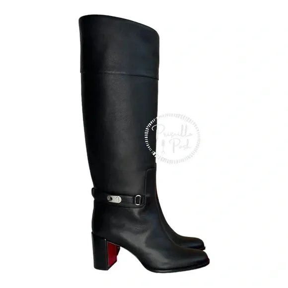 Christian Louboutin Black Lock 70 Leather Knee-high Boots Tall Block heel 39