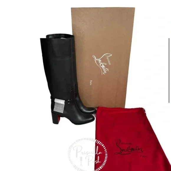 Christian Louboutin Black Lock 70 Leather Knee-high Boots Tall Block heel 39