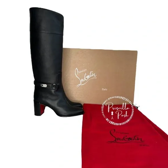 Christian Louboutin Black Lock 70 Leather Knee-high Boots Tall Block heel 39
