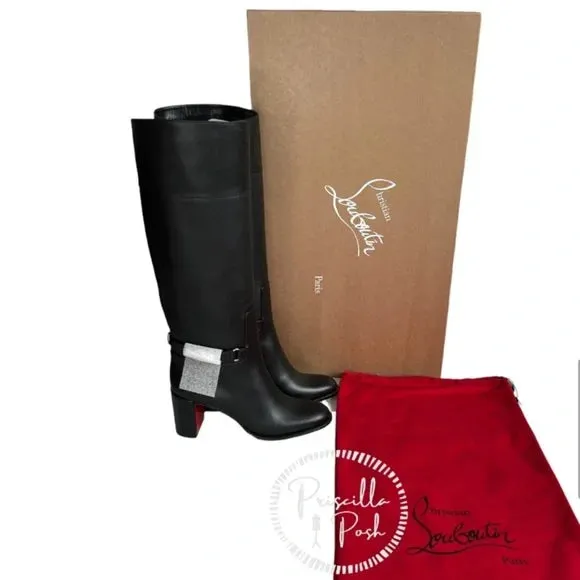 Christian Louboutin Black Lock 70 Leather Knee-high Boots Tall Block heel 39