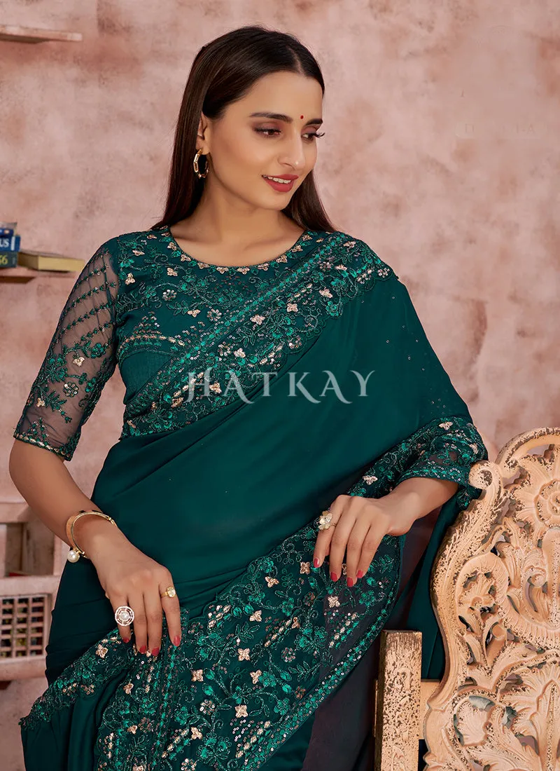 Dark Green Embroidered Wedding Wear Indian Saree