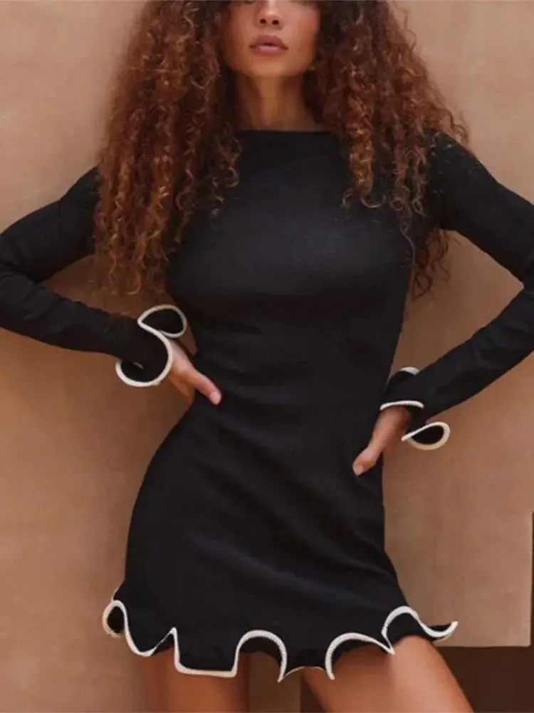Fashion Contrasting Ruffle Hem Knit Mini Dress