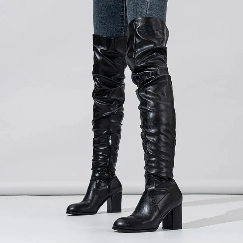 Fashion Zip Round High Quality Soft Cozy Pleated Leather Women Over The Knee Boots