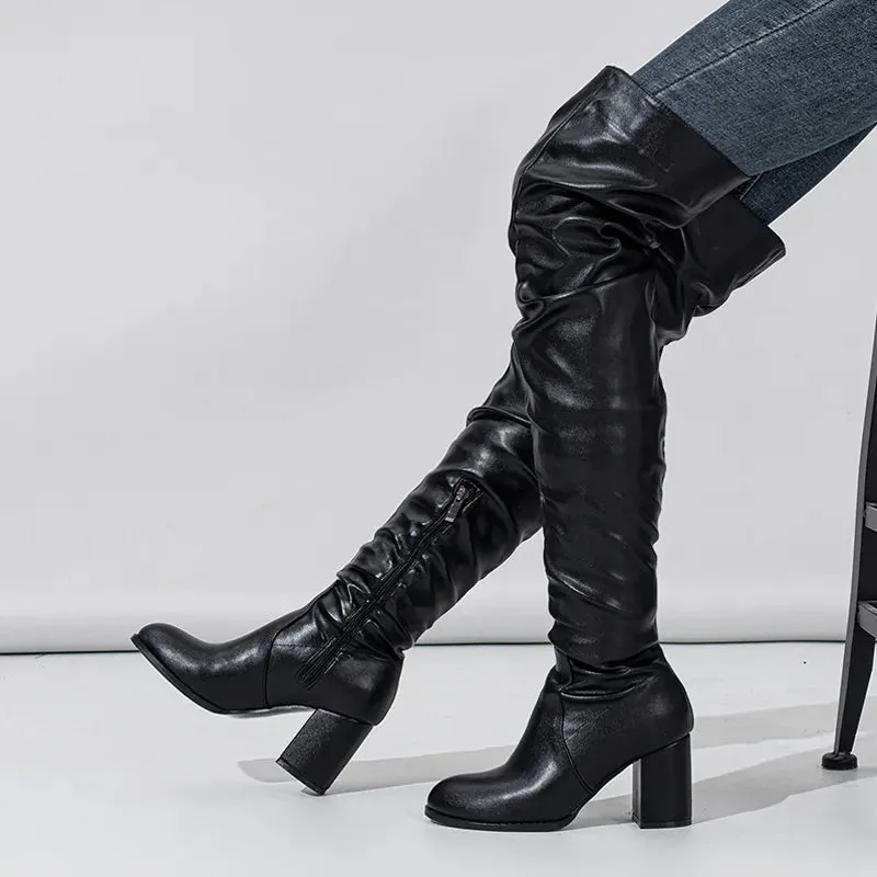 Fashion Zip Round High Quality Soft Cozy Pleated Leather Women Over The Knee Boots