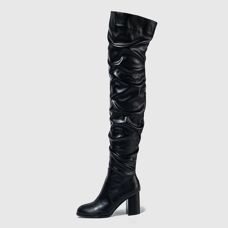 Fashion Zip Round High Quality Soft Cozy Pleated Leather Women Over The Knee Boots