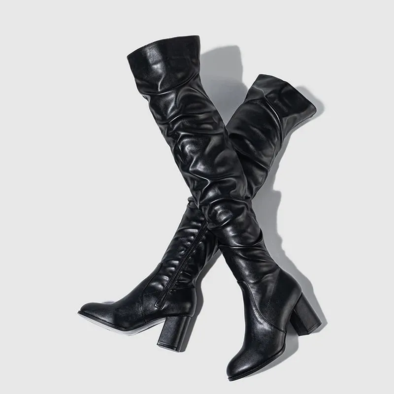 Fashion Zip Round High Quality Soft Cozy Pleated Leather Women Over The Knee Boots