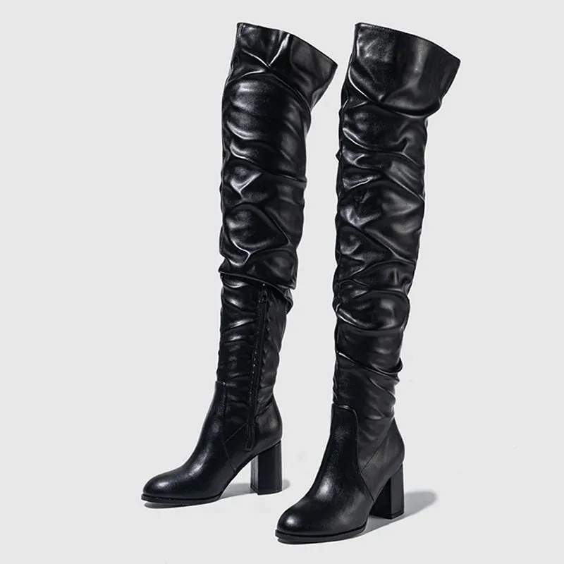 Fashion Zip Round High Quality Soft Cozy Pleated Leather Women Over The Knee Boots
