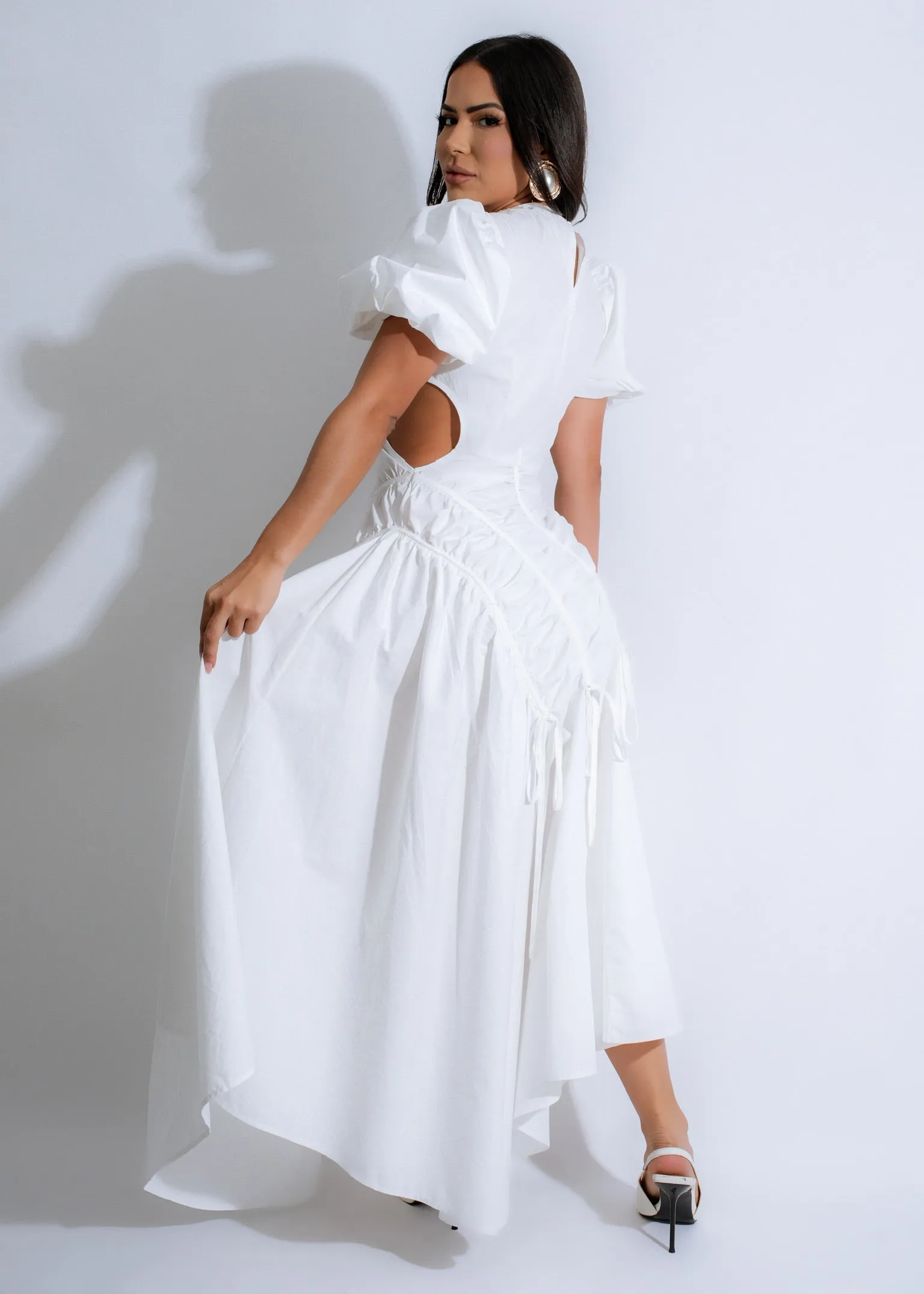 Frosted Petals Ruched Maxi Dress White