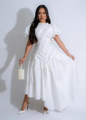 Frosted Petals Ruched Maxi Dress White