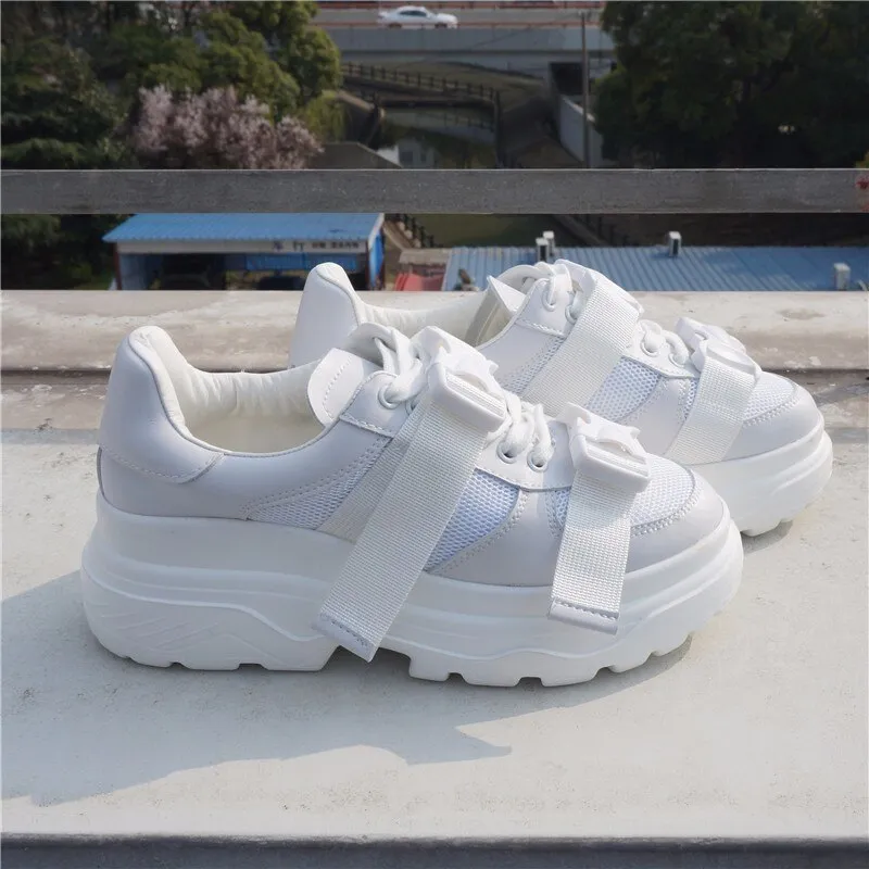 Genuine Leather Mesh Women's Platform Sneakers Fashion Women White Black Dad Shoes Woman Casual Chunky Trainers