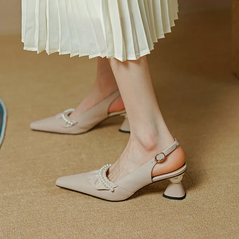 Gwen Nude Slingback Heels with Pearls
