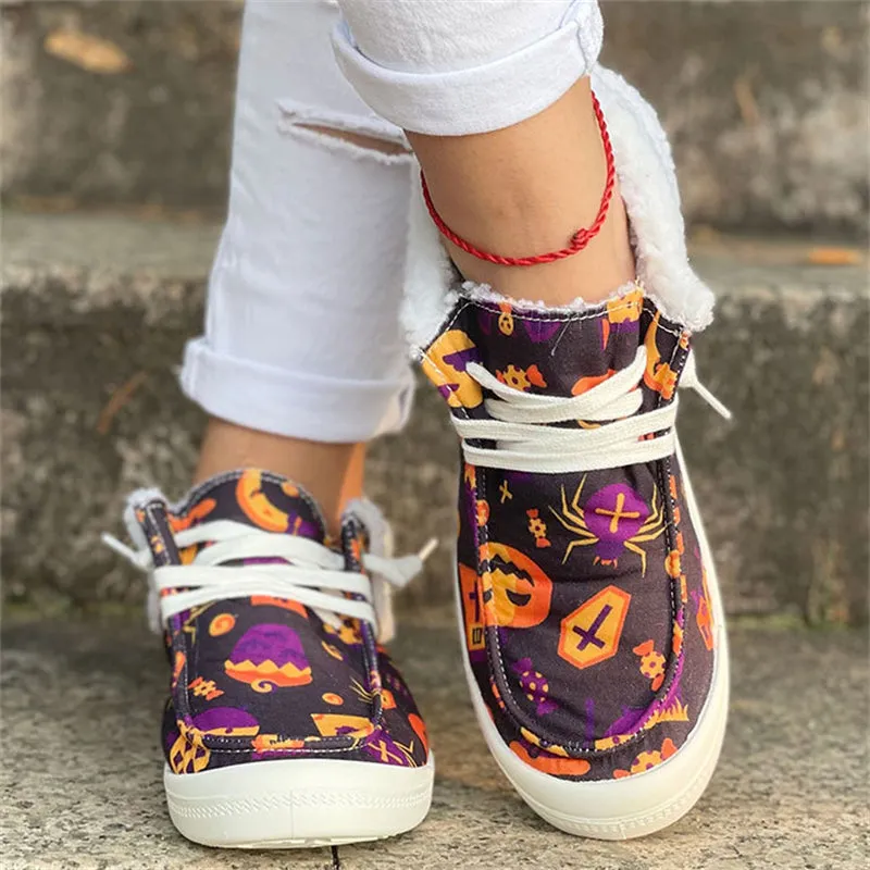 Halloween Lovely Pumpkin Print Keep Warm Soft Women Loafers