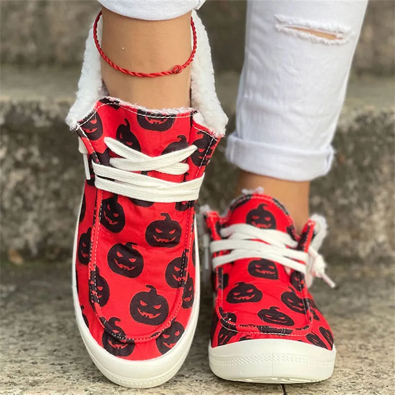 Halloween Lovely Pumpkin Print Keep Warm Soft Women Loafers