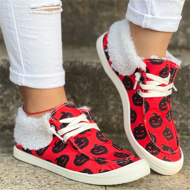 Halloween Lovely Pumpkin Print Keep Warm Soft Women Loafers
