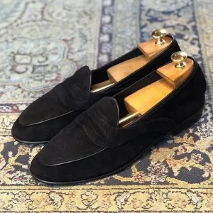 Handmade Black Suede Penny Loafers for Men