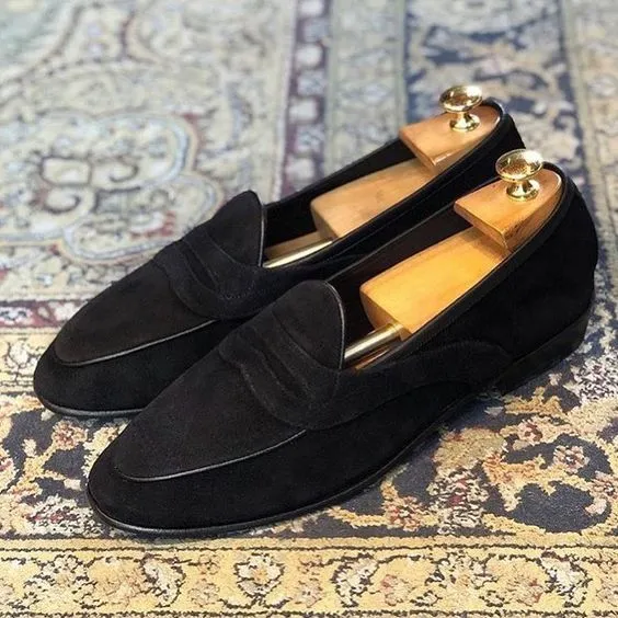 Handmade Black Suede Penny Loafers for Men