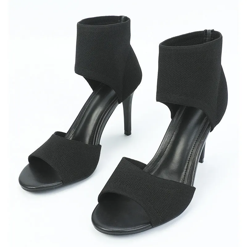 heels 2023New European and American Fashion Women's Shoes Comfortable Super High Heel Slimming Black Flyknit Stiletto Peep-Toe Sandals