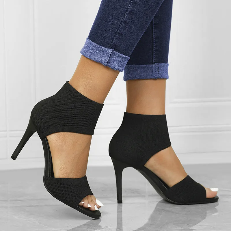 heels 2023New European and American Fashion Women's Shoes Comfortable Super High Heel Slimming Black Flyknit Stiletto Peep-Toe Sandals