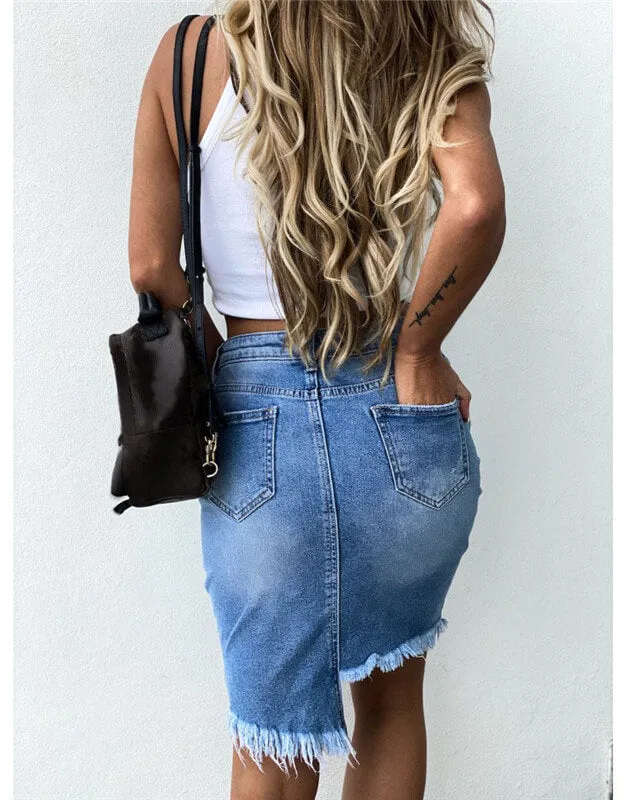 Individuality Women's Ripped Irregularity Middle-skirt Denim Skirt