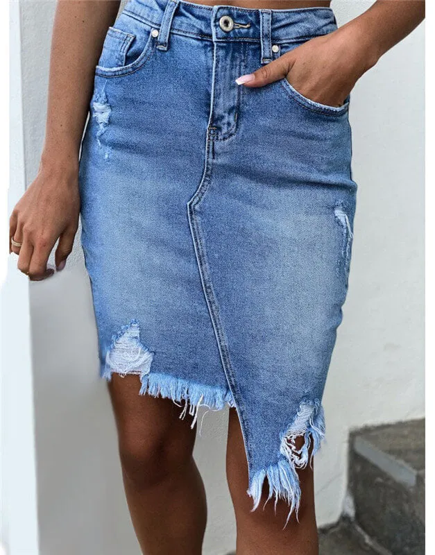 Individuality Women's Ripped Irregularity Middle-skirt Denim Skirt