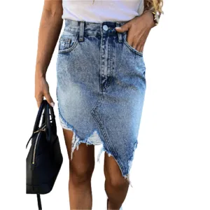 Individuality Women's Ripped Irregularity Middle-skirt Denim Skirt