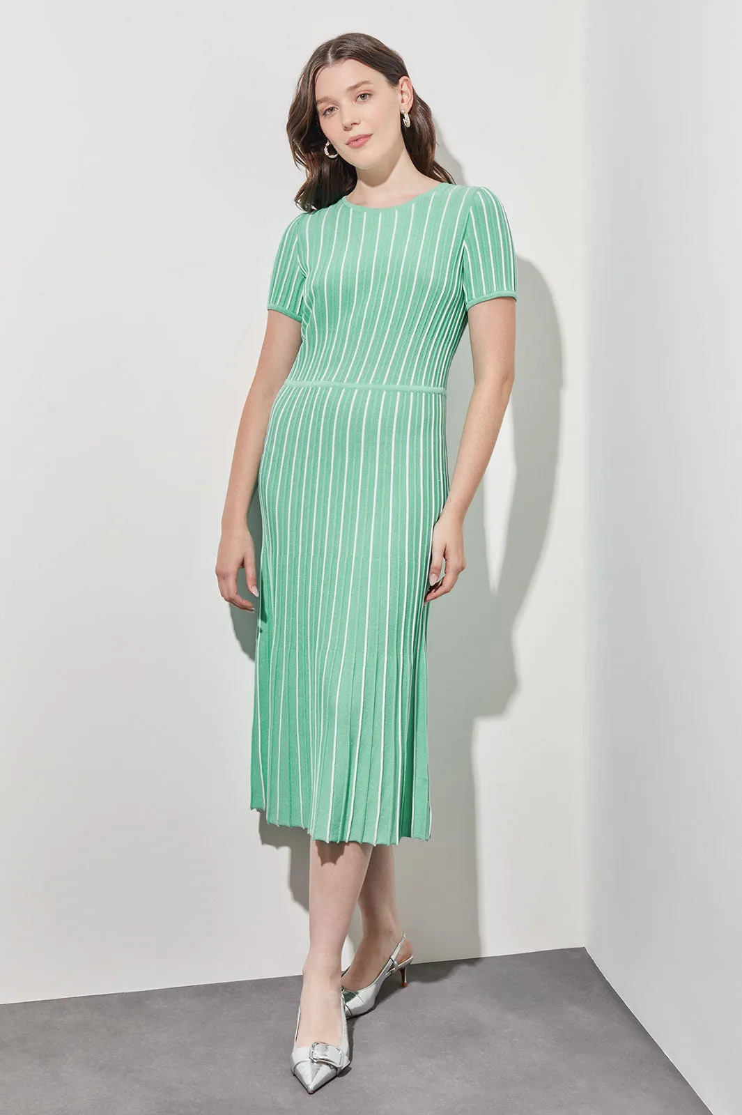 Jewel Neck Striped Flare Soft Knit Dress, Seaspray/White