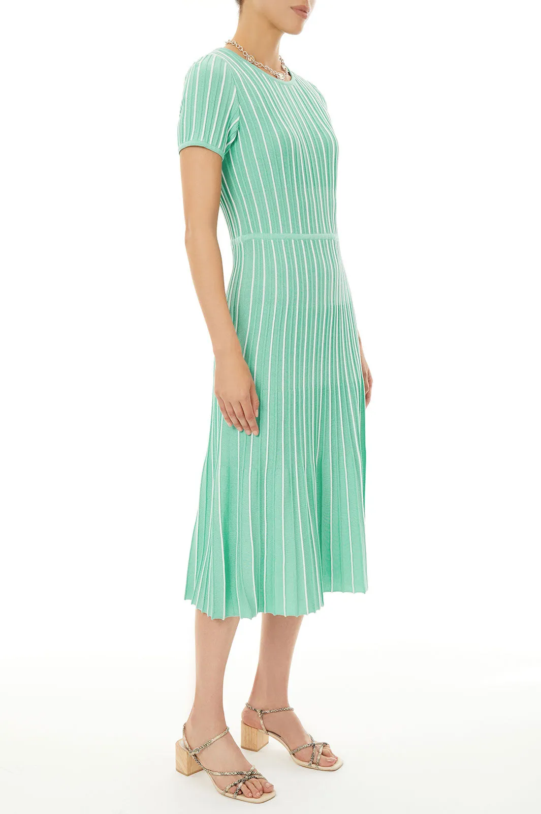 Jewel Neck Striped Flare Soft Knit Dress, Seaspray/White