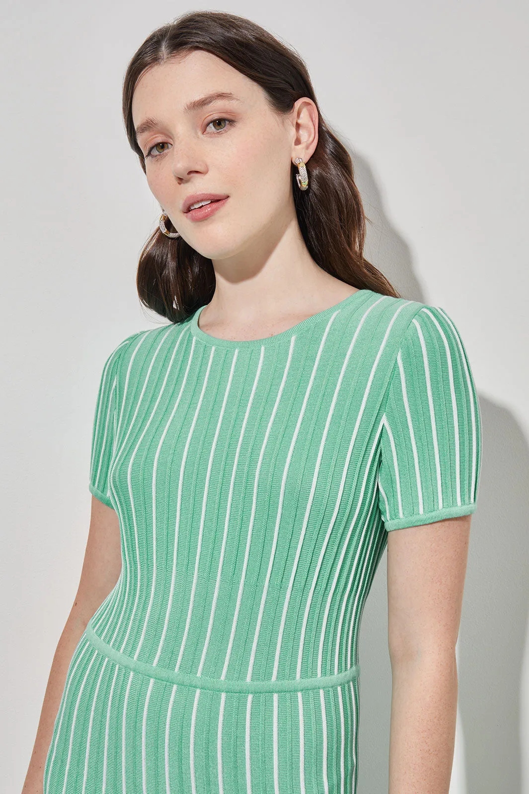 Jewel Neck Striped Flare Soft Knit Dress, Seaspray/White