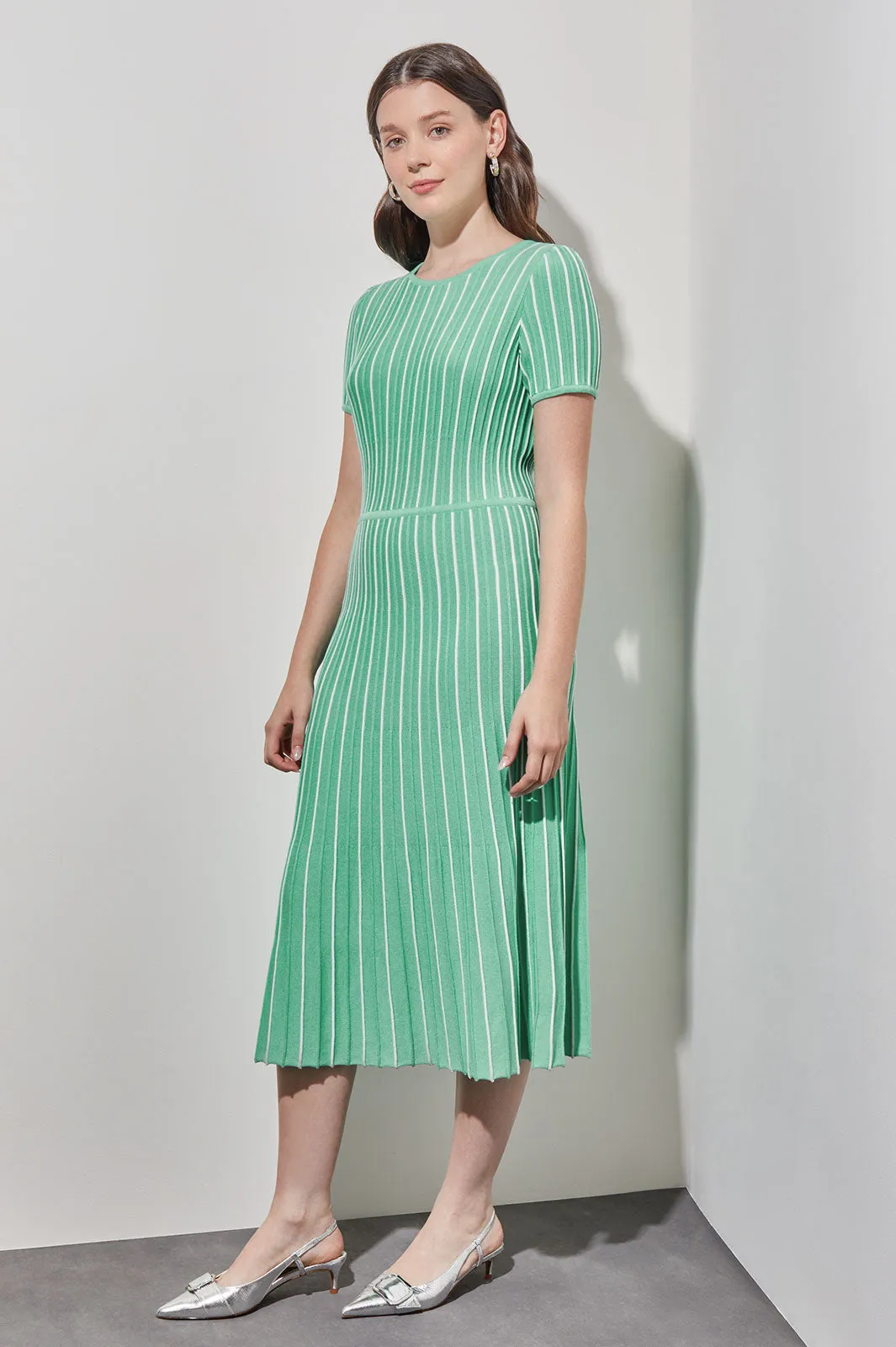 Jewel Neck Striped Flare Soft Knit Dress, Seaspray/White