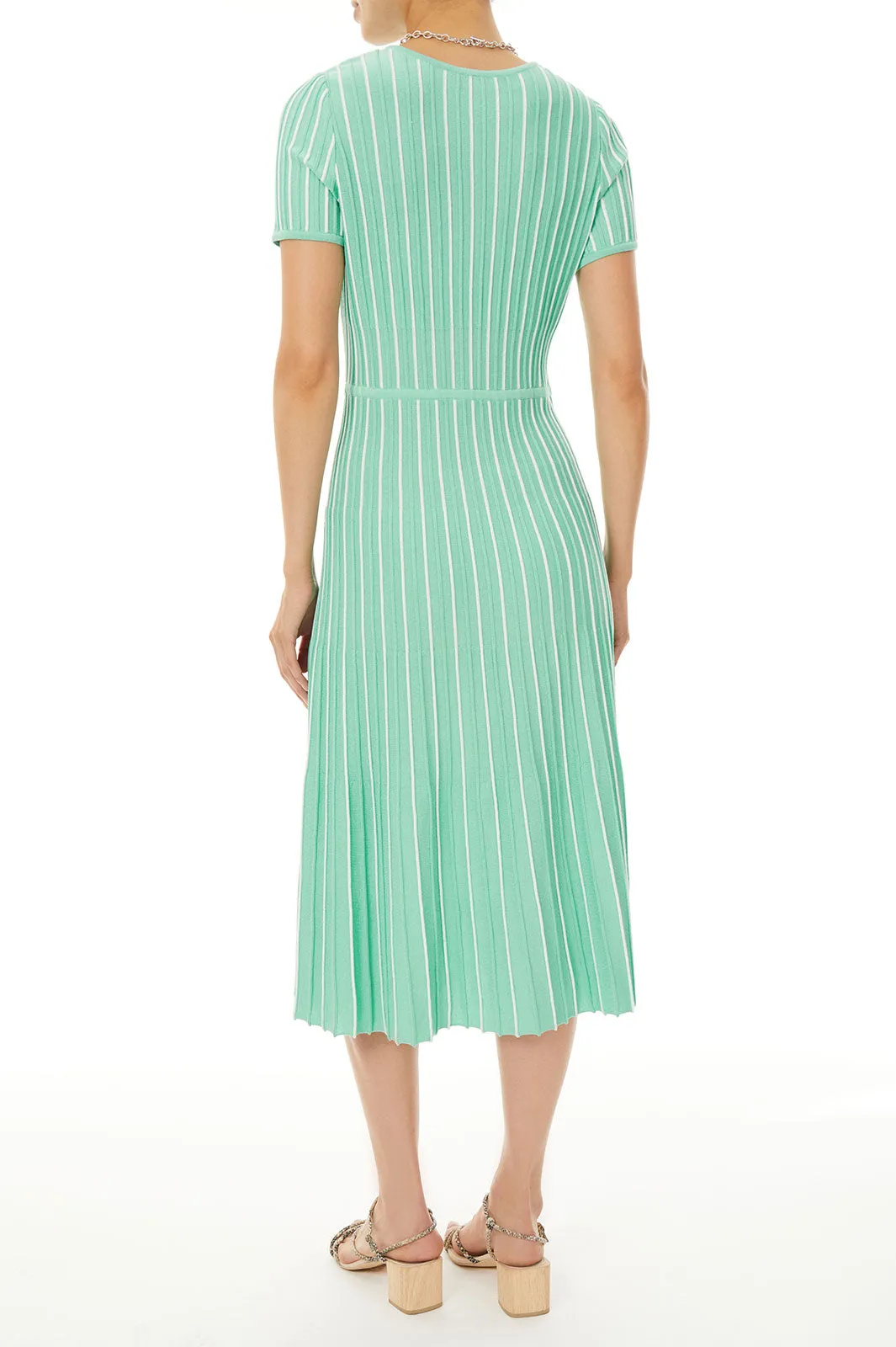 Jewel Neck Striped Flare Soft Knit Dress, Seaspray/White