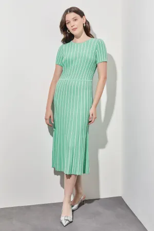 Jewel Neck Striped Flare Soft Knit Dress, Seaspray/White
