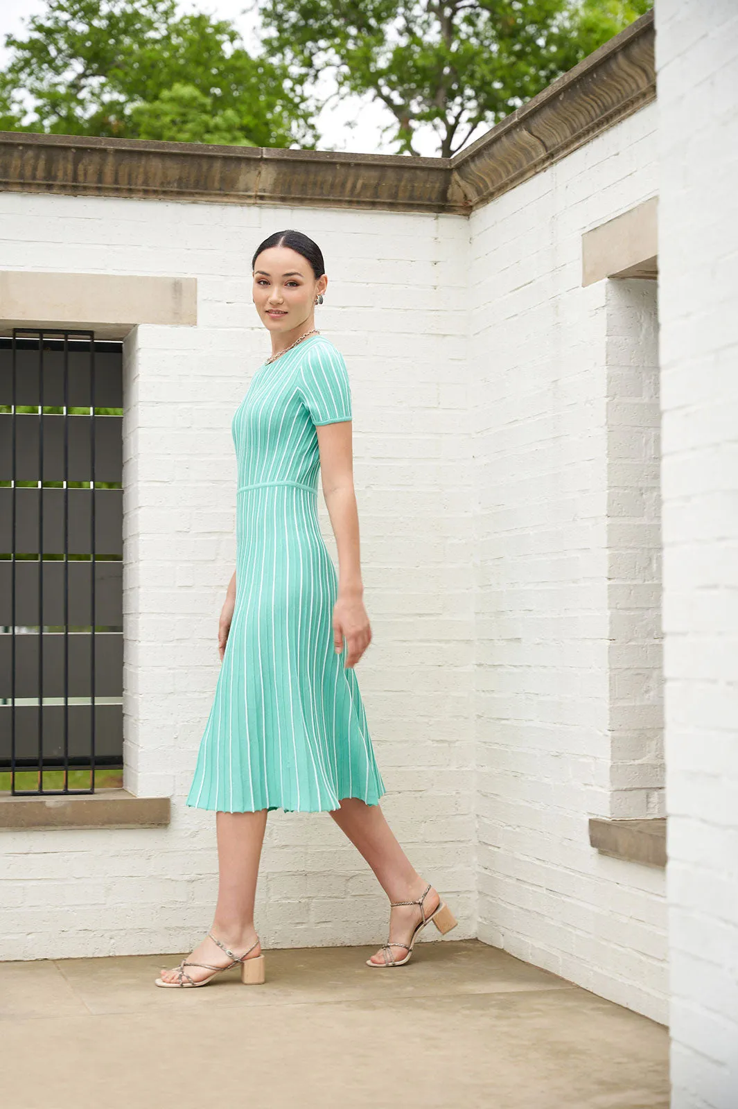Jewel Neck Striped Flare Soft Knit Dress, Seaspray/White