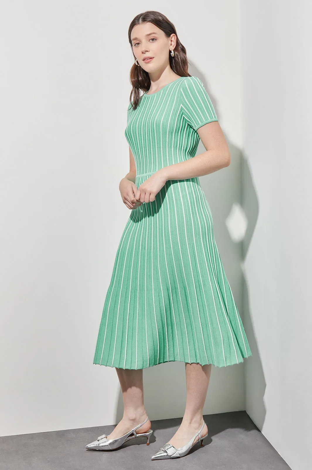 Jewel Neck Striped Flare Soft Knit Dress, Seaspray/White