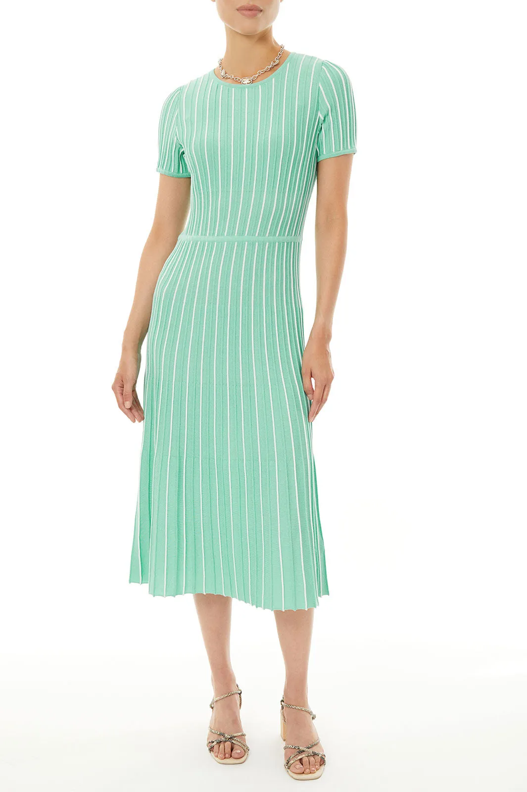 Jewel Neck Striped Flare Soft Knit Dress, Seaspray/White