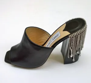 Jimmy Choo Baia Black Leather Rhinestone Tassel Sandals Heels Mules